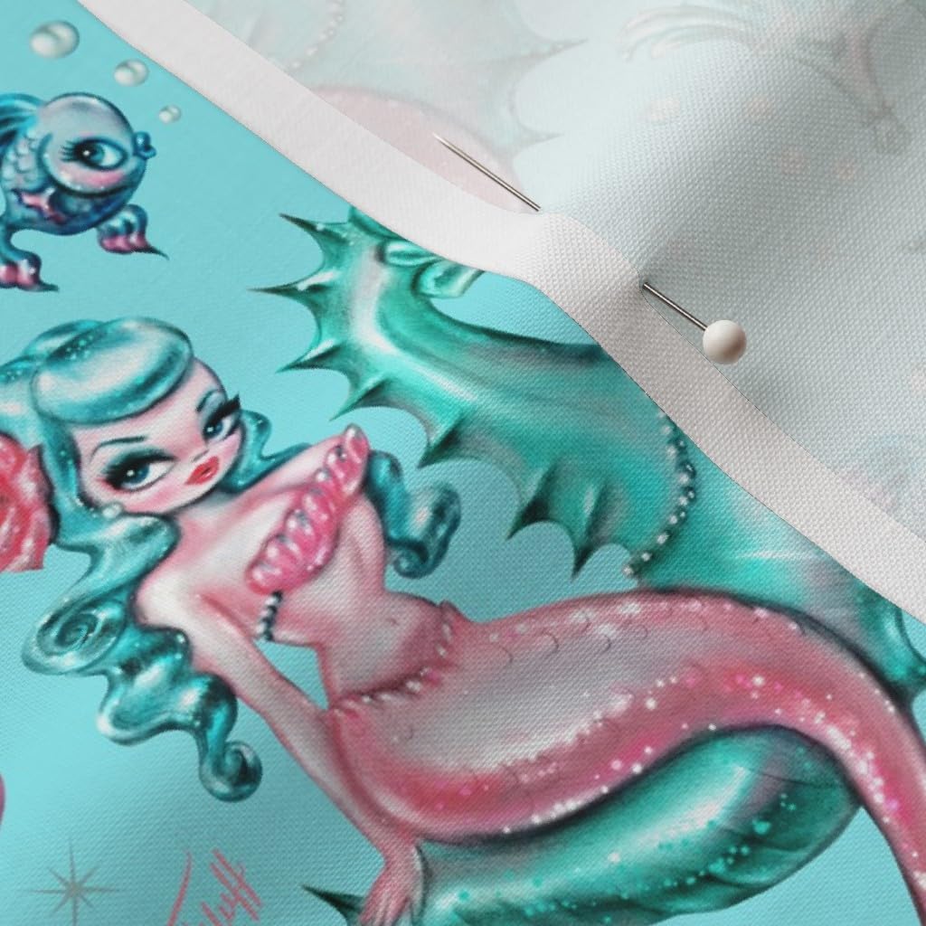 Spoonflower Fabric - Mermaid Blue Small Vintage Retro Mermaids Seahorse Nautical Sea Printed on Petal Signature Cotton Fabric by The Yard - Sewing Quilting Apparel Crafts Decor