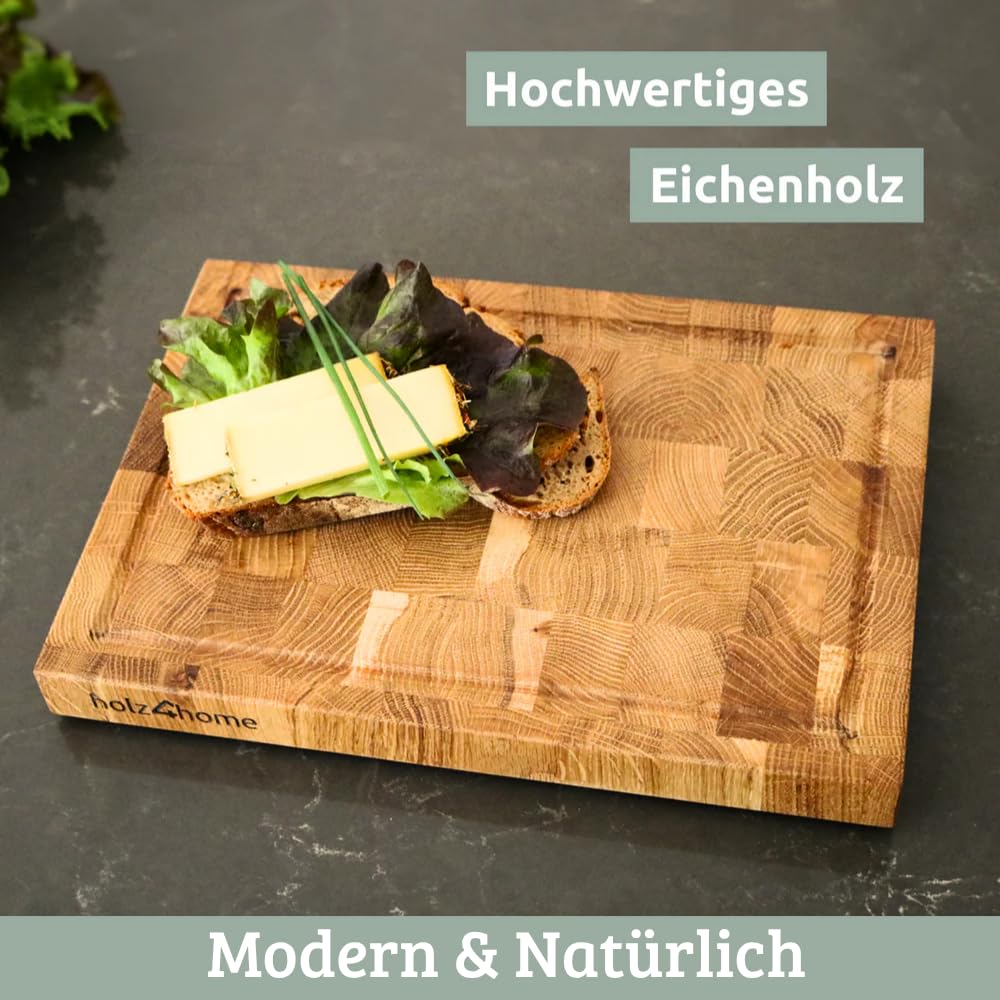Schneidebrett Holz klein MILA [KLINGENSCHONEND] - 28x20x2,5cm, Stirnholz Eiche, inkl. Saftrille | Holzbrett Küchenbrett