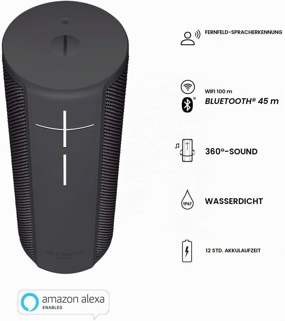 Ultimate Ears Megablast Tragbarer Bluetooth-Lautsprecher | Alexa, Wi-Fi, Bluetooth, 360° Sound, Satter Bass, Wasserdicht, 16h Akku, Grafit-Schwarz