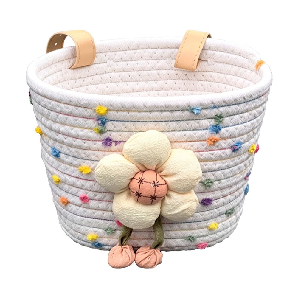 Kids Bike Basket, Cotton Rope Woven Front Bike Basket Kids with 2 Leather Straps, 3D Flowers, Removable, Cute and Fun Kids' Bike Accessories for Most Bicycles, Scooters, Balance Bikes (White Flowers)