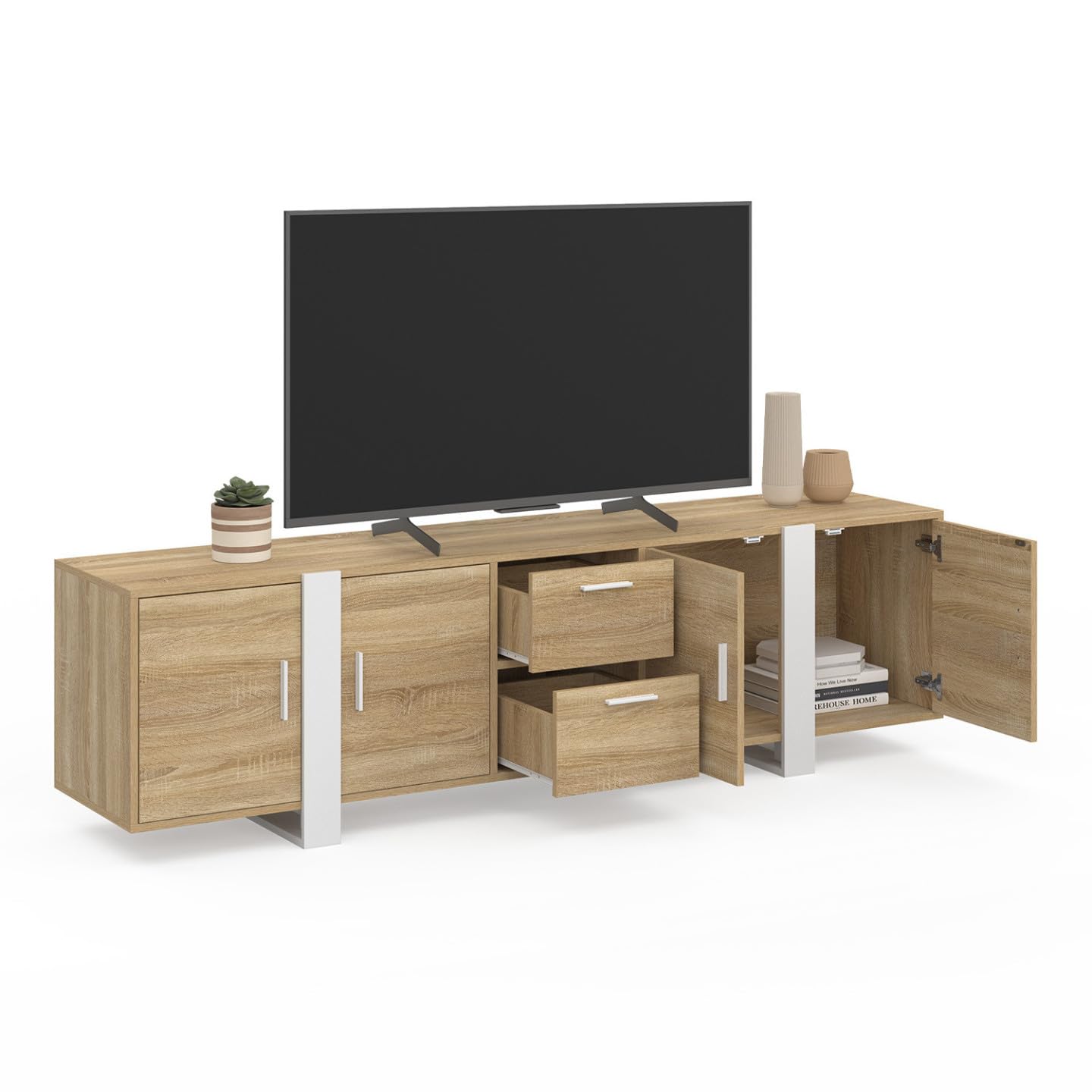 IDMarket - Meuble TV 180 cm Phoenix 4 Portes + 2 tiroirs Bois et Blanc