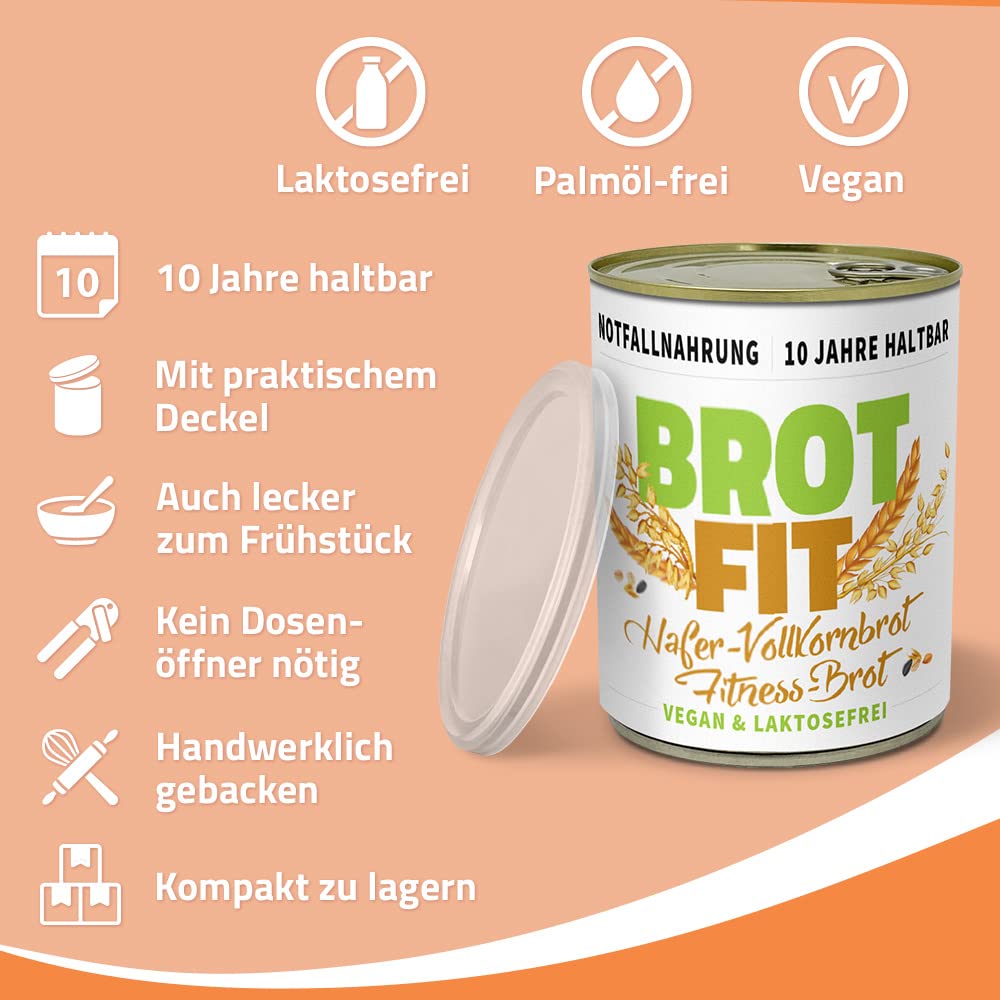 ration1 Fitness Hafer-Vollkornbrot 8 x 500g, 10 Jahre haltbar | Brot in der Dose, vegan & laktosefrei, Camping Essen, Outdoor, Festival, Notfallnahrung
