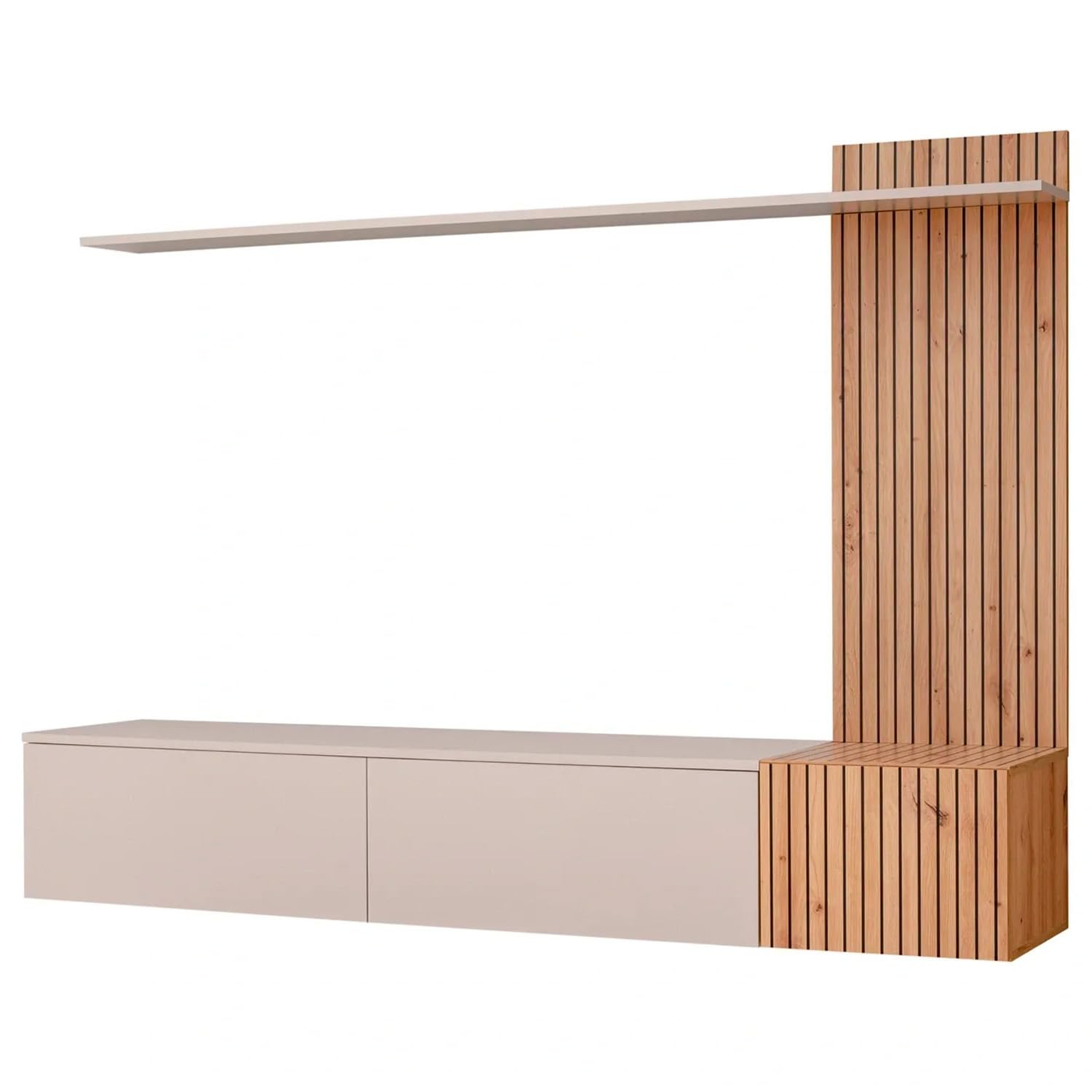 Parete Attrezzata Sospesa Mobile Porta TV 3 Ante Ribalta Push Open Pannello Doghe Verticali Mensola Soggiorno Living Nordico Scandinavo Salvaspazio Design Moderno 180 x 40 x 130 Cm (Cashmere e rovere)