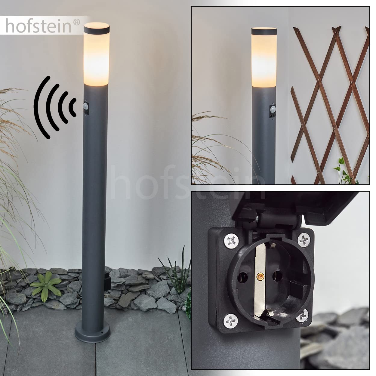 Lampa zewnętrzna Sessa z czujnikiem ruchu i gniazdem, lampa na podstawie z metalu/plastiku w kolorze antracytowym/białym, oświetlenie ścieżki 110cm, lampa ogrodowa E27, IP44, bez żarówki