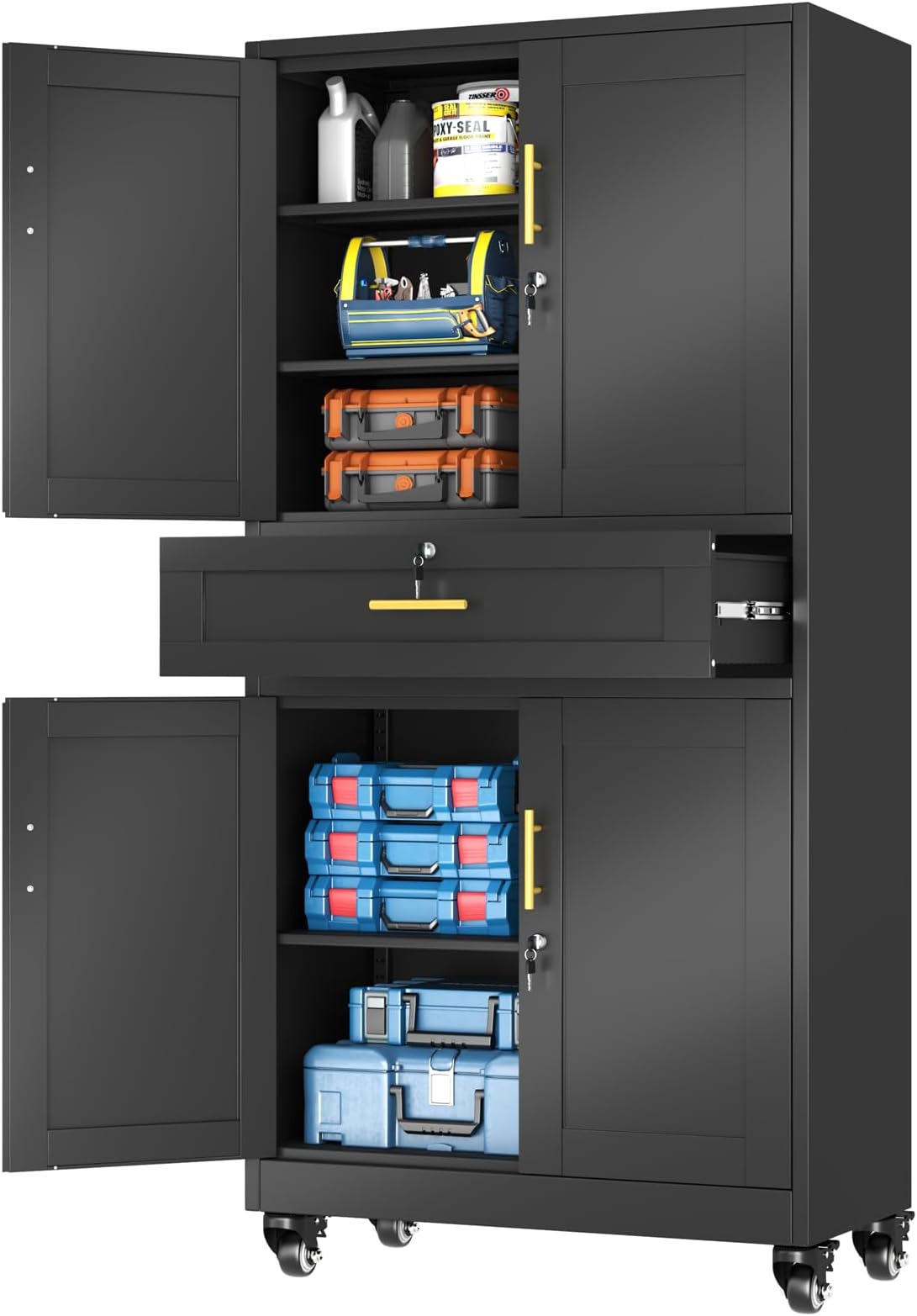 Metal Garage Storage Cabinet with Drawer, 71” Tall Rolling Wheels Tool Cabinet with Lock-2 Adjustable Shelves, Heavy Duty Steel Locker Storage Systems for Home Office, Utility Room, Gym, Black