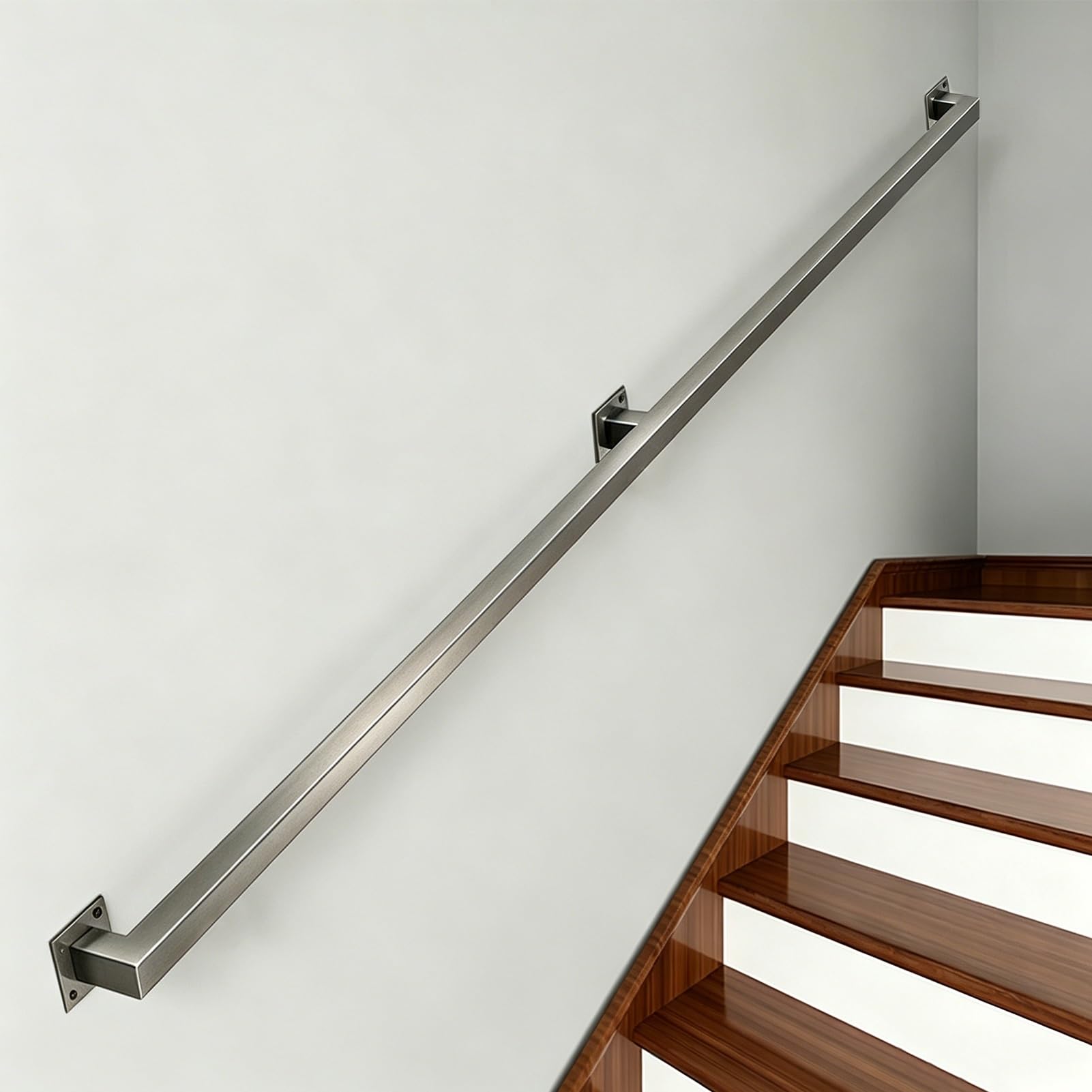 Hamankim One Color Stainless Steel Handrails For Stairs, 1Ft-20Ft Metal Safety Grab Bar Loft Porch Handle, Wall Mounted Square Pipe Banister Sturdy Railing With Brackets - Silver(1Ft/0.3M)
