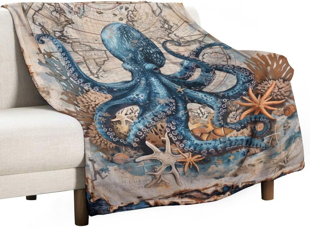 Nautical Octopus Blanket Marine Ocean Throw Blanket Lightweight Soft Warm Cozy Travel Blanket Fit Couch Sofa Bed Living Room Bedroom Gift for Women Men Girls Boys All Season 50"x60" - Image 4