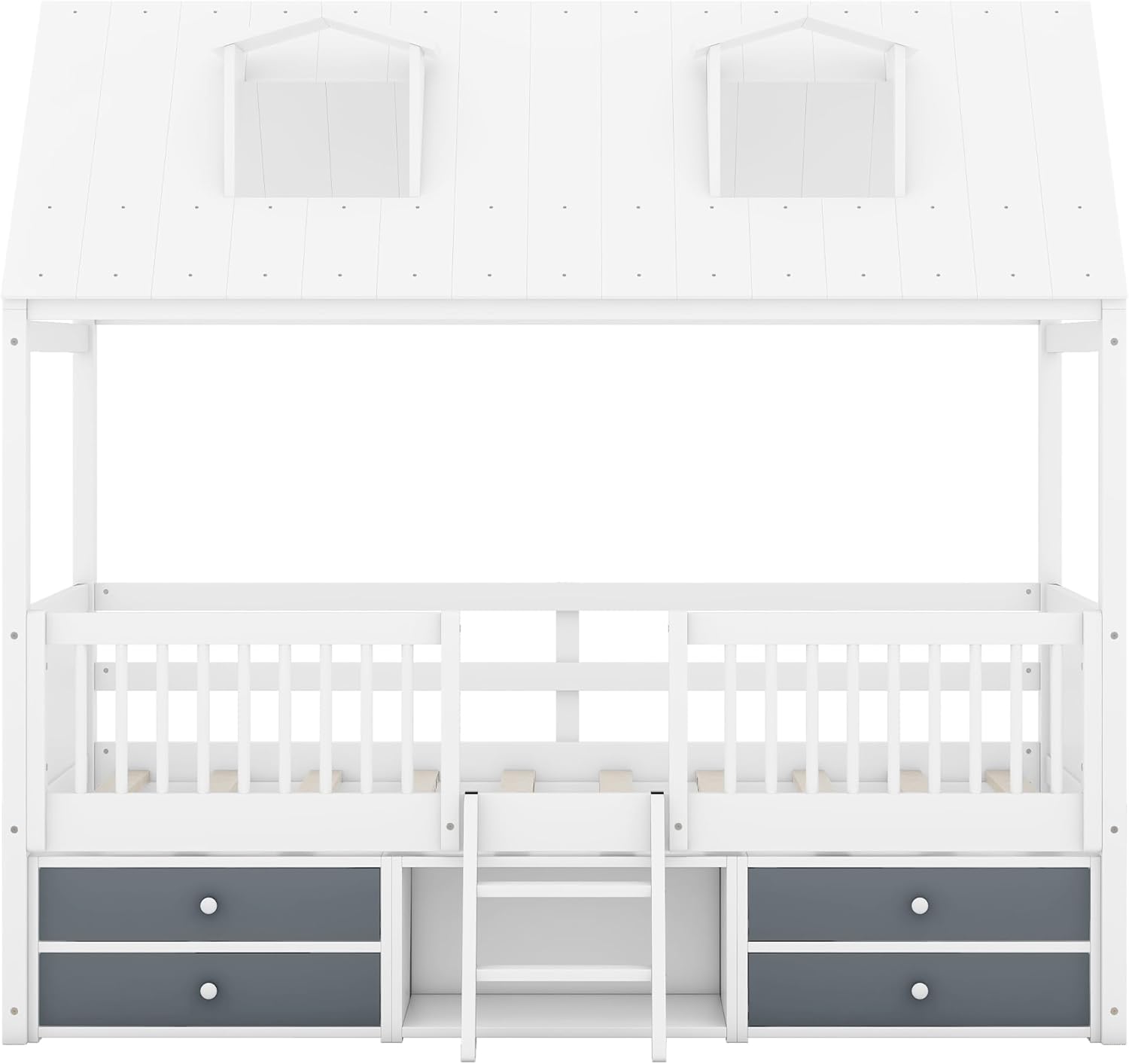 Harper & Bright Designs Kids House Bed with Storage Drawers, Twin Size Kids Platform Bed with Fences and Ladder, Wooden Montessori Bed Frame, White