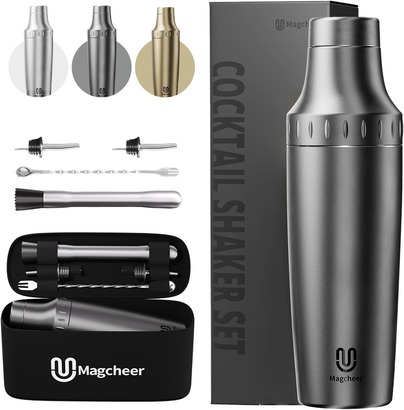 Magcheer 900ml Shaker Cocktail Isotherme Professionnel avec Verre Doseur Intégré | Kit Cocktail 5 Pièces avec Sac de Rangement | Kit Barman pour Débutants et Barmans(Gris)