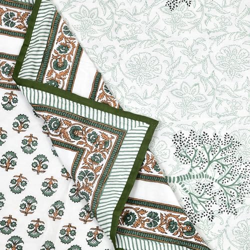 Image of BLOCKS OF INDIA Hand Block Printed Cotton Single Size Reversible Malmal Dohar for Summer (Green Yellow Tree)