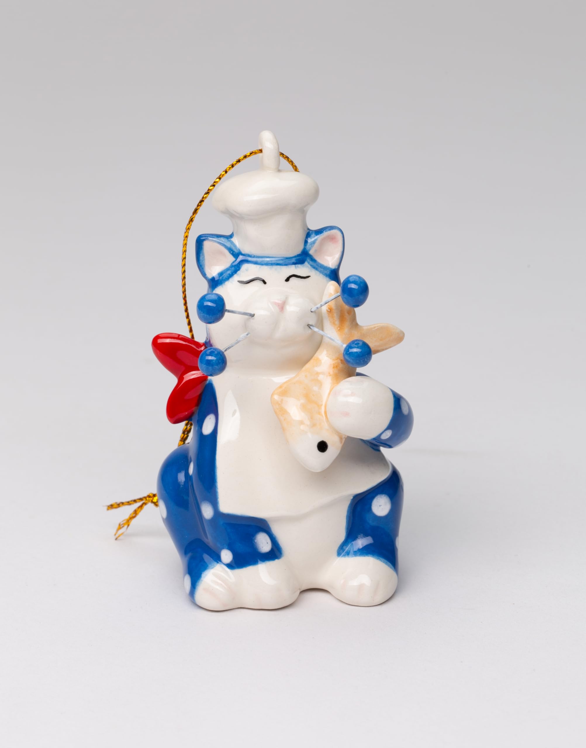 Fine Ceramic Whisker Cat Collection - Blue Chef Cat Holding Fish Figurine Ornament by Amy Lacombe, 3-1/2" H