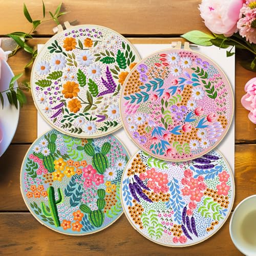 Image of BEUNITONE 4 Set Covered Flower Embroidery Kit for Beginners 7.9 inchx7.9 inch
