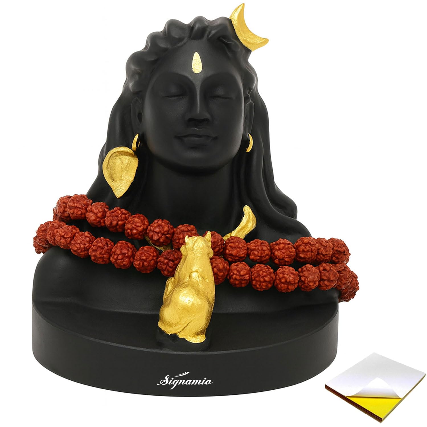 SIGNAMIO® Lord Shiva Idol: Handcrafted Mahadev Murti with Nandi - Perfect Spiritual Car Dashboard Accessory and Gift Item, Featuring ShivJi Adiyogi Statue & Rudraksh Mala-Ideal God Idols for Car Decor