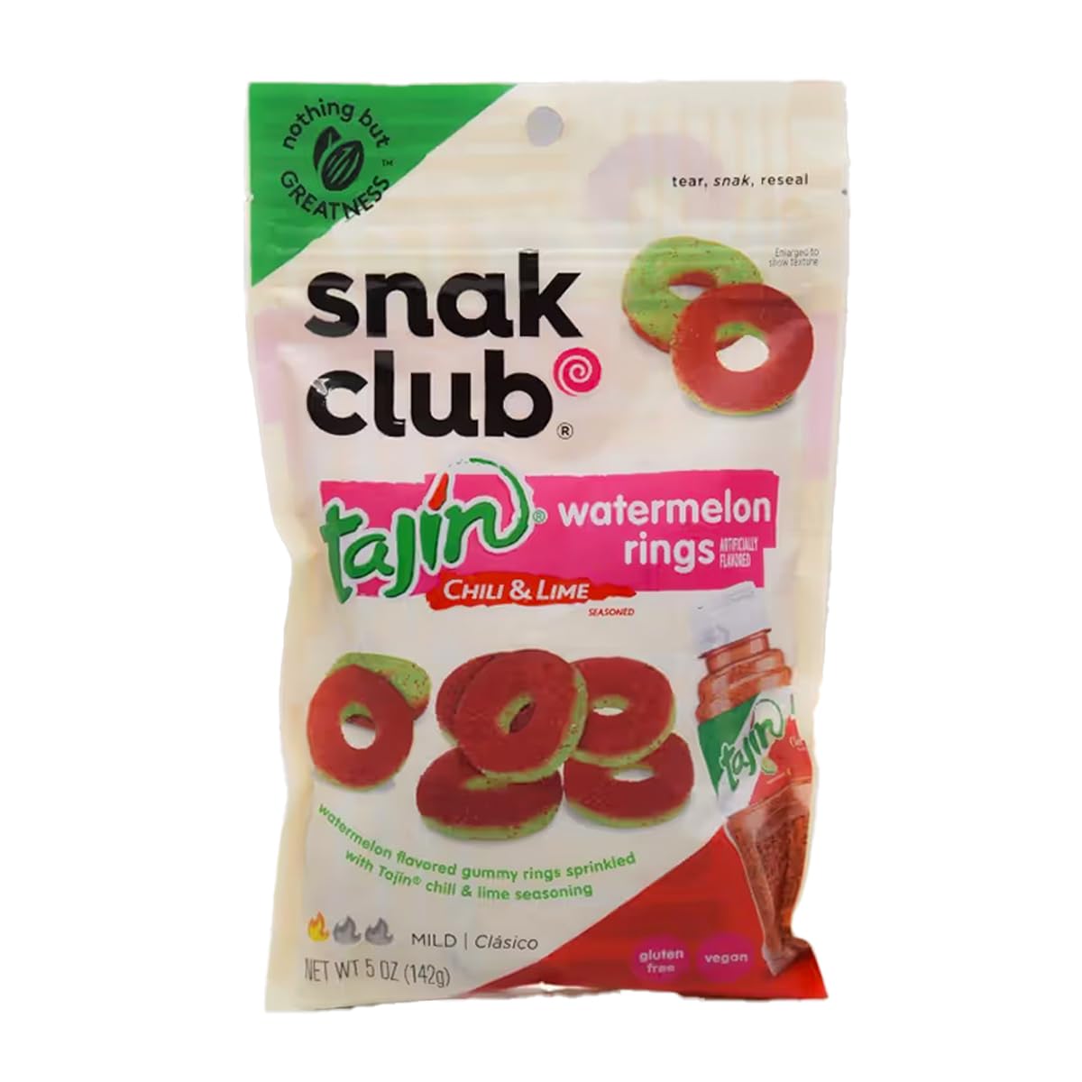 Snak Club Tajin Anillos de sandía, bocadillos de gomitas de chile y lima, sabor suave en calor, aperitivo sin gluten, 2.25 onzas, (paquete de 12)