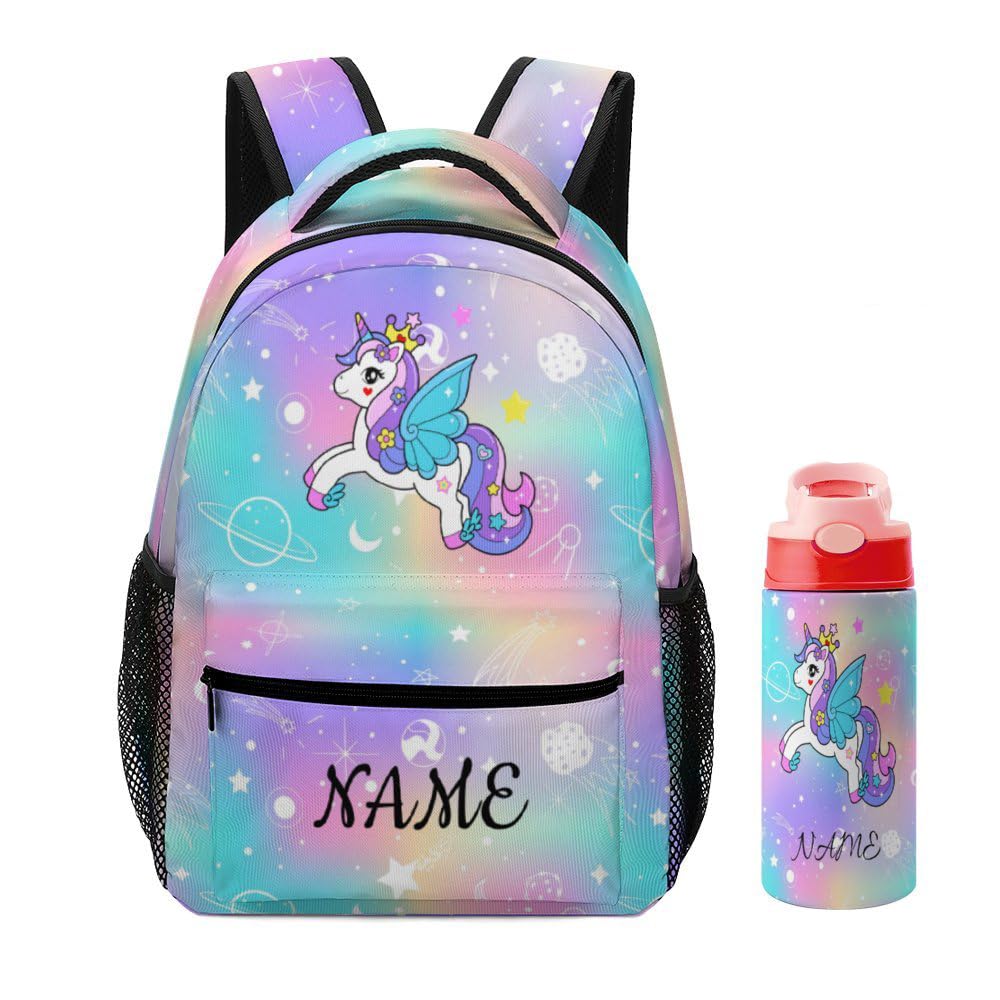 SUQINFA Custom Unicorn Galaxy Backpacks 2 Piece Set Add Your Text Name Personalized Book Bag Water Bottle Customized School Bags for Kids Boys Girls