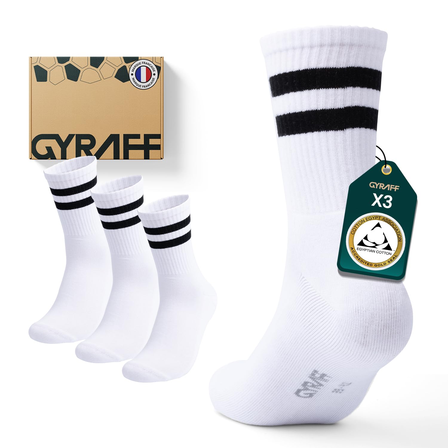 Chaussettes de tennis premium en coton égyptien, sans couture, douces, rembourrées, anti ampoule, lot de 3, mi mollet rayée de sport, anti transpiration, femme homme, blanche, 35-38, 39-42, 43-46