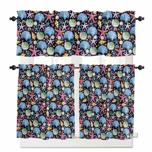 Coastal Ocean Kitchen Curtains 24 Inch Length,3 Piece Rod Pocket Small Half Tiers and Valance Set,Blue Pink Shell Starfish Gold Sea Conch Small Large Window Treatment Decor for Bedroom/Bathroom Sink