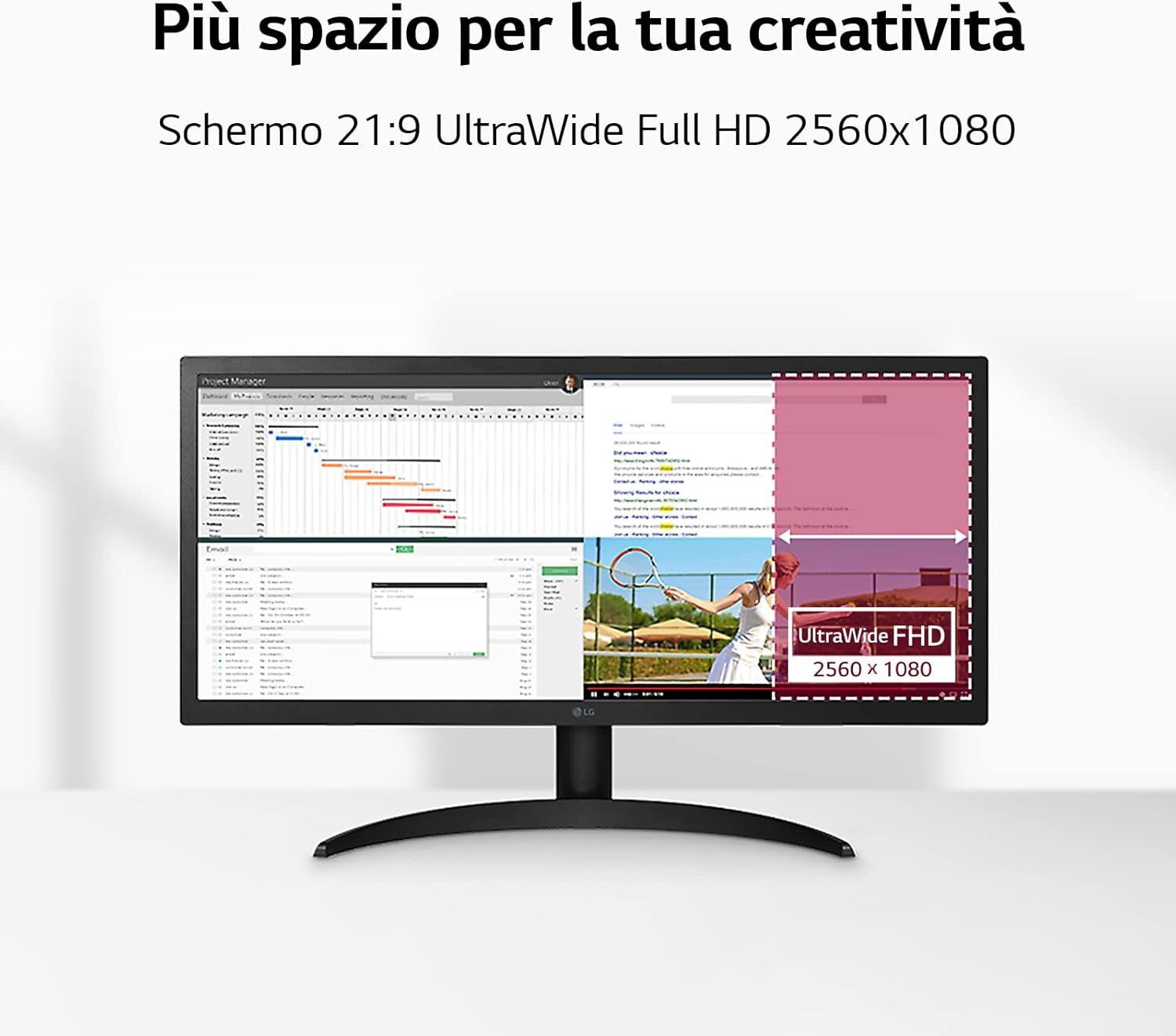 LG 26WQ500 Monitor 26 FHD UltraWide LED IPS HDR 10, 2560x1080, 1ms, AMD FreeSync 75Hz, HDMI 2.0 (HDCP 2.2), AUX, Flicker Safe, Nero