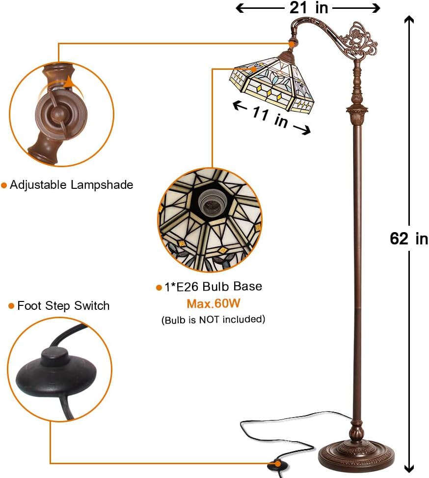 Capulina Tiffany Lamp Stained Glass Floor Lamp 62 Inches Tall Mission Hexagon Virgin Soft Light Arched Adjustable Angle Tiffany Style Reading Floor Lamp for Living Room Bedroom Home Office