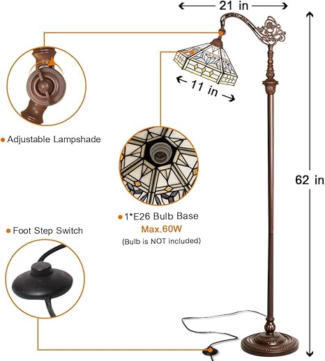 Capulina Capulina Tiffany Lamp Stained Glass Floor Lamp 62 Inches Tall Mission Hexagon Virgin Soft Light Arched Adjustable Angle Tiffany Style Reading Floor Lamp for Living Room Bedroom Home Office photo 2