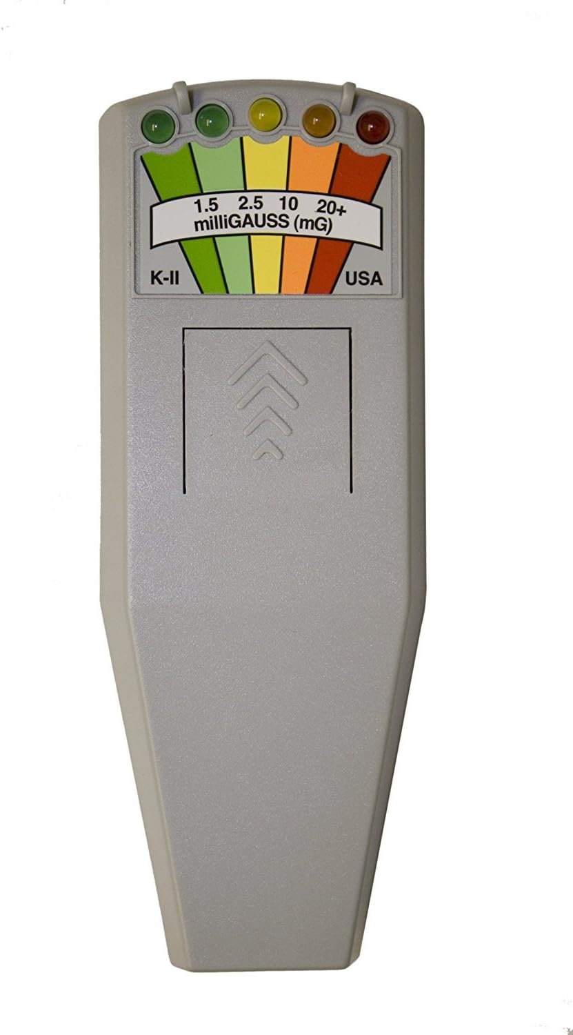 K-II EMF Meter, a gray handheld device with a colorful LED display showing milliGauss readings.
