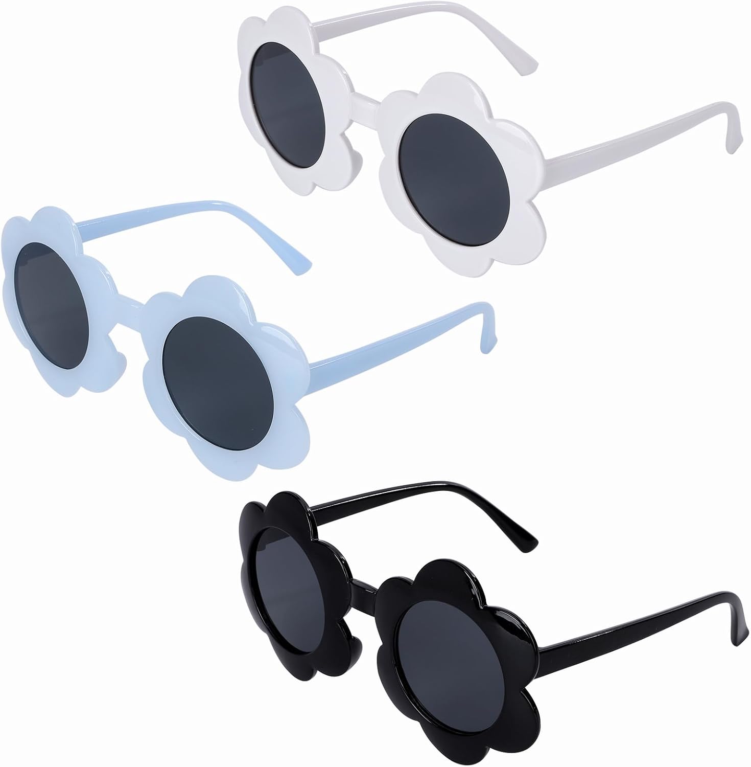 3Packs Round Flower Sunglasses For Kids,UV Resistant Outdoor Beach Children's Party Glasses (White+Blue+Pink)