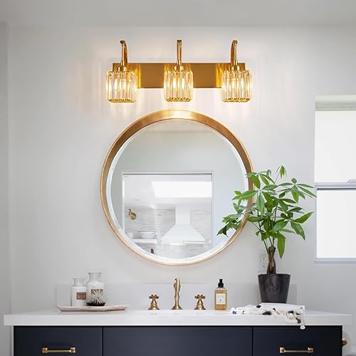 Miniatura 7 de Luces de tocador de cristal, 3 luces doradas para baño, modernas lámparas de cristal para baño, accesorios de iluminación de tocador sobre espejo,