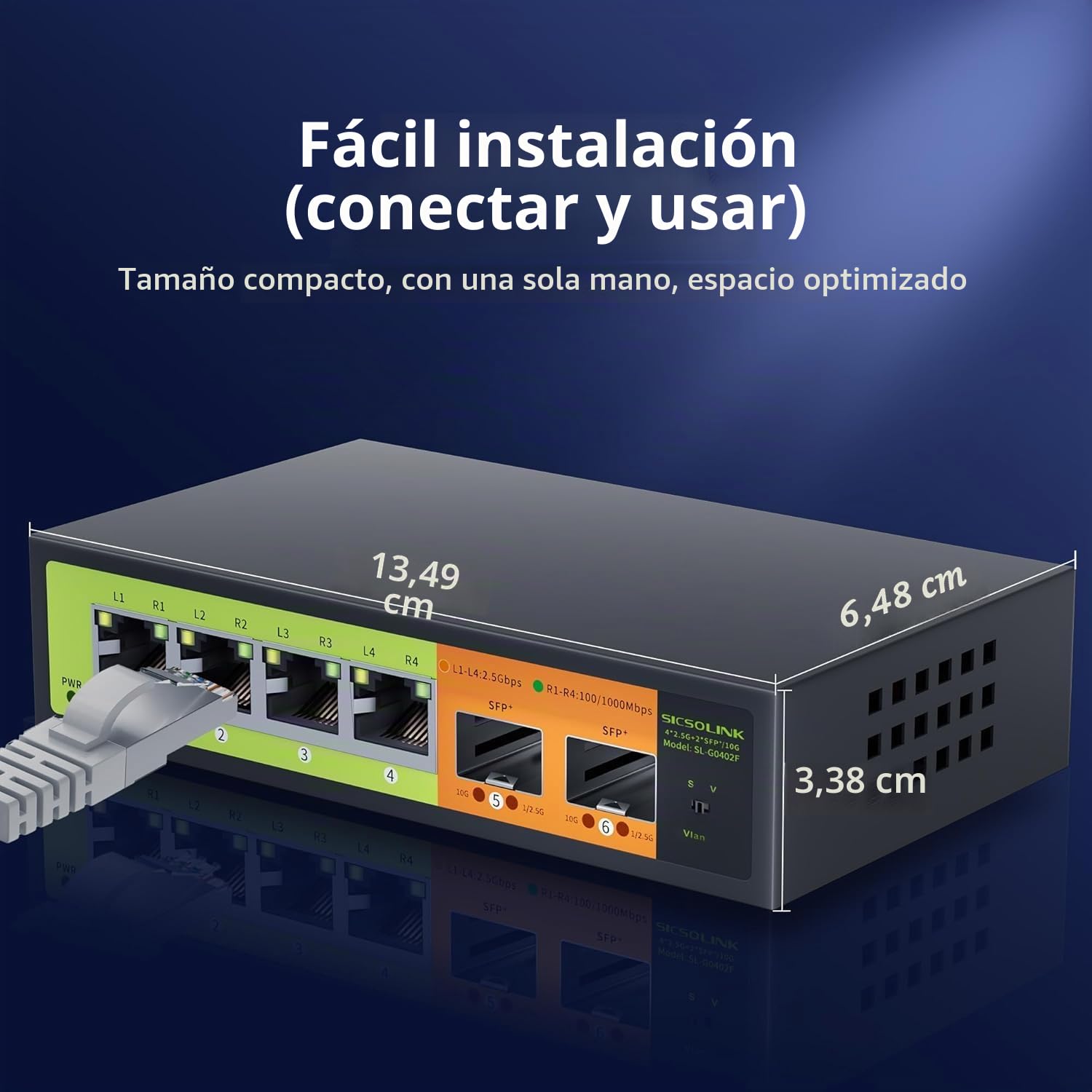 Interruptor de red de 6 puertos de 2,5 GB, 4 x 2,5 G RJ45, 2 x 10 G SFP+, Muti-gigabit, no administrado, carcasa de metal, ancho de banda de 60 G, sin ventilador, compatible con NAS de 2,5 GB, PC, AP