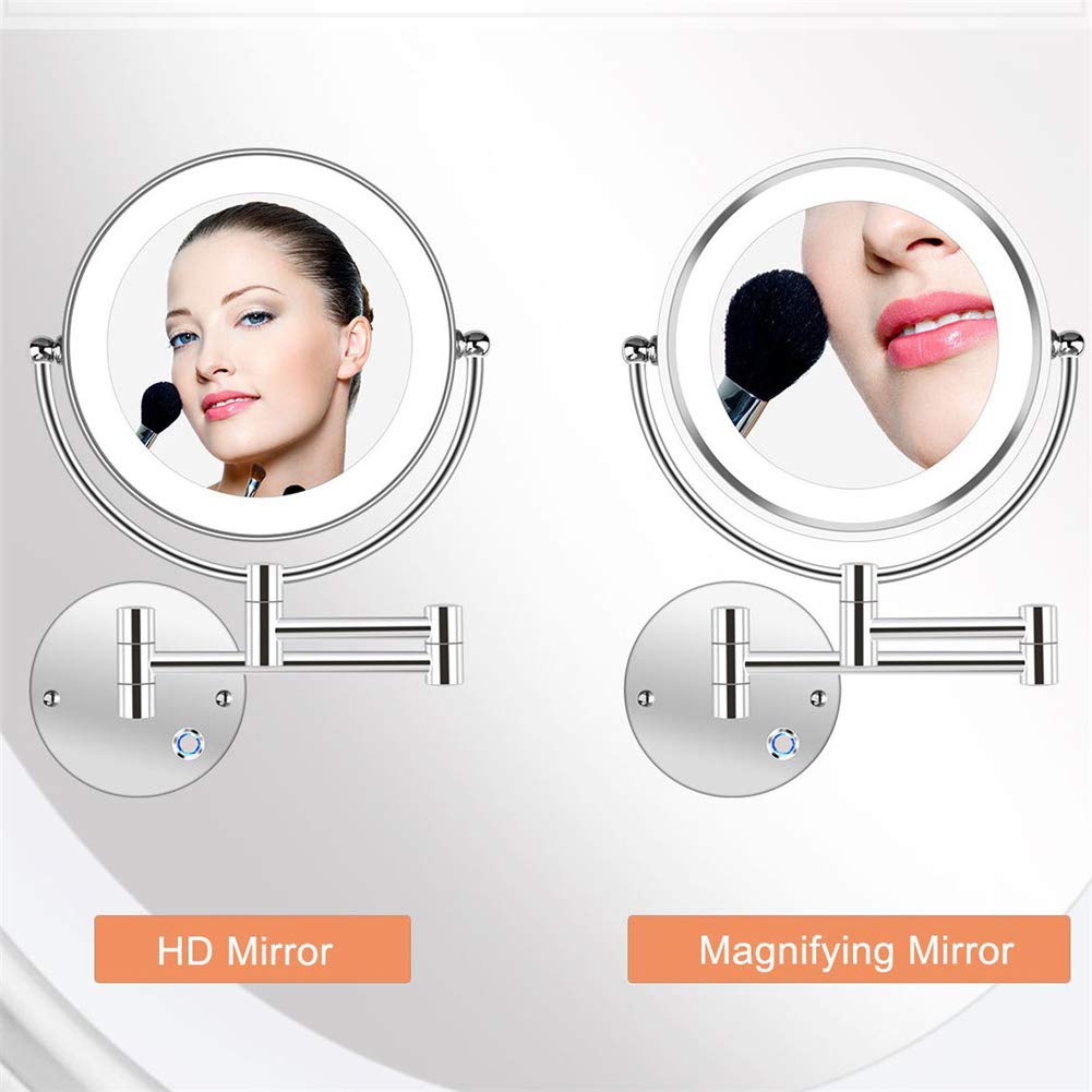 Espejo de maquillaje de montaje en pared, con Luz LED, giratorio de 360°, Espejo de baño de Doble Cara, Espejo de Aumento 3X, Espejo de baño plegable de Forma Redonda extensible, Black_8inch