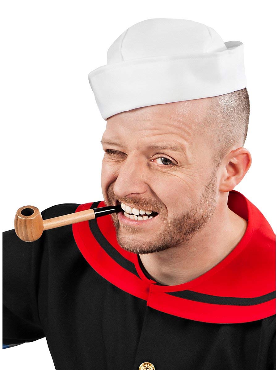 Maskworld Popeye Comic Seemann Kostüm + Pfeife komplett - 7-teilig mit Hemd, Hose, Muskel-Armen, Matrosenmütze und Pfeife (L)