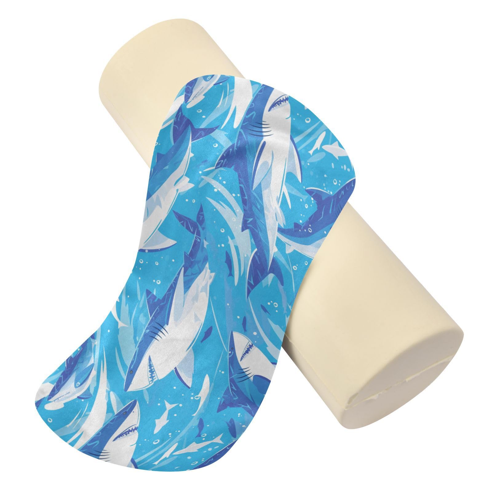 miaozhen Cartoon Great White Fish sea Sky Blue Small Round Pillow Insert Cervical Pillow for Neck Pain Cylinder cojin para el Cuello 5.5''x17''