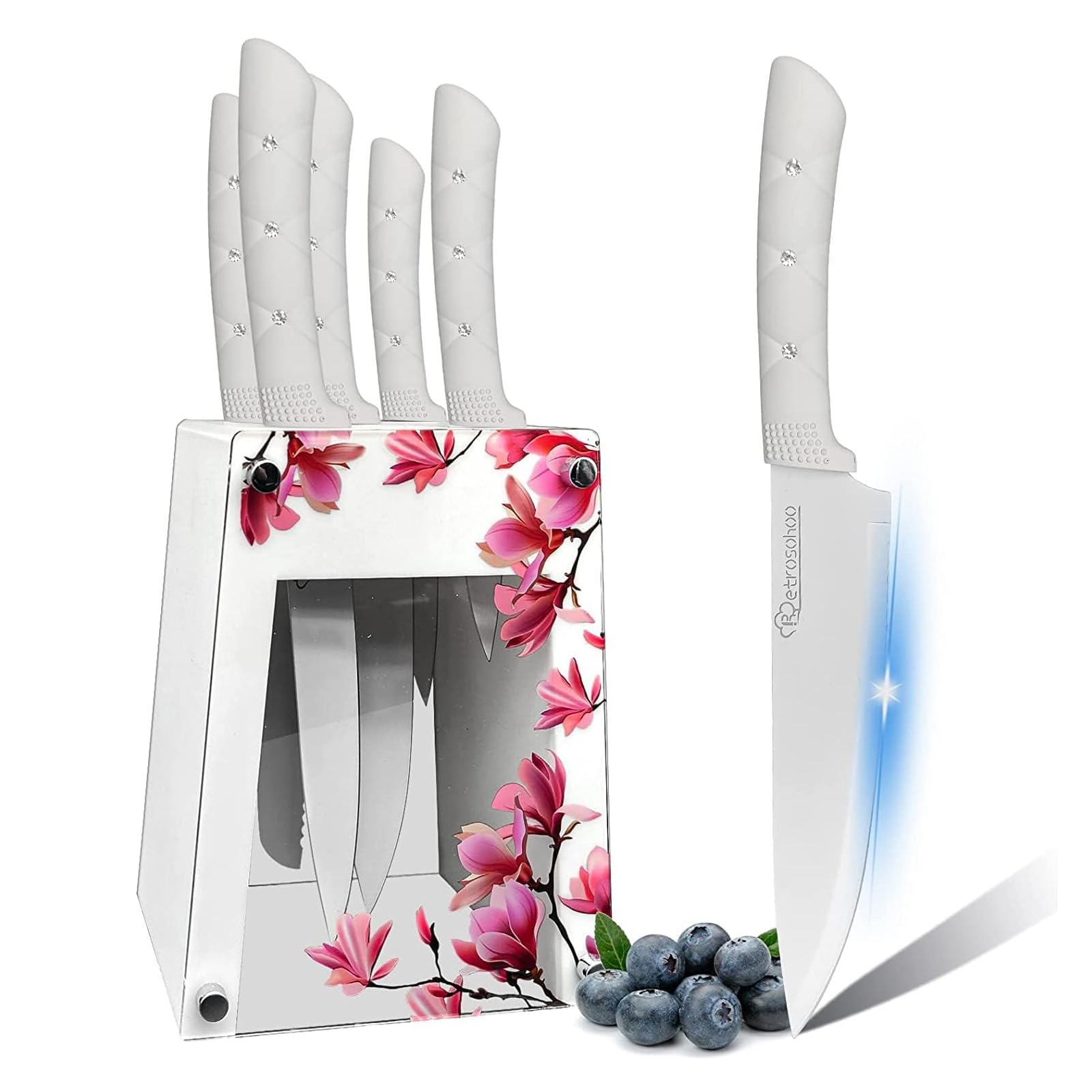 Justup Set 6 Coltelli Da Cucina Con Blocco In Acrilico - Lame In Acciaio Inox Rosa Con Rivestimento Antiaderente E Manico Antiscivolo - 4
