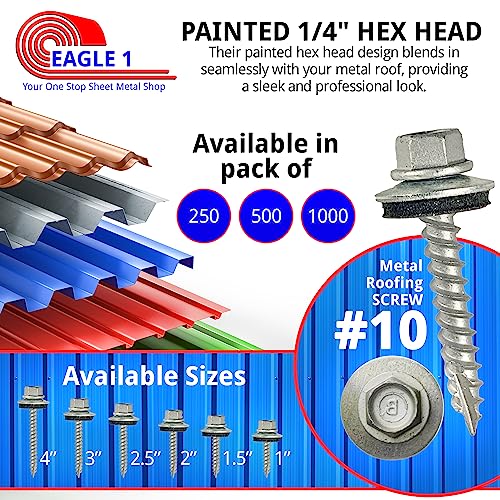 Eagle 1 Metal Roofing Screws #10 - Painted Hex Head Self-Tapping Screws With Edpm Rubber Washer For Metal To Wood, Vinyl, Small Sheet Metal - Free Magnetic Driver (Zinc, 2.5 Inch, 250) #TOP1