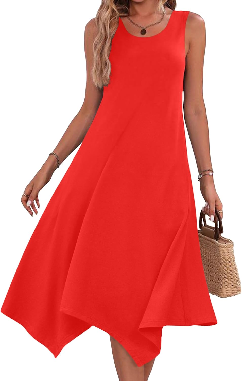 HOTOUCH Women's Casual Summer Dress Sleeveless Sundress Hankerchief Hem Midi Tank Dresses Beach Dress with Pockets