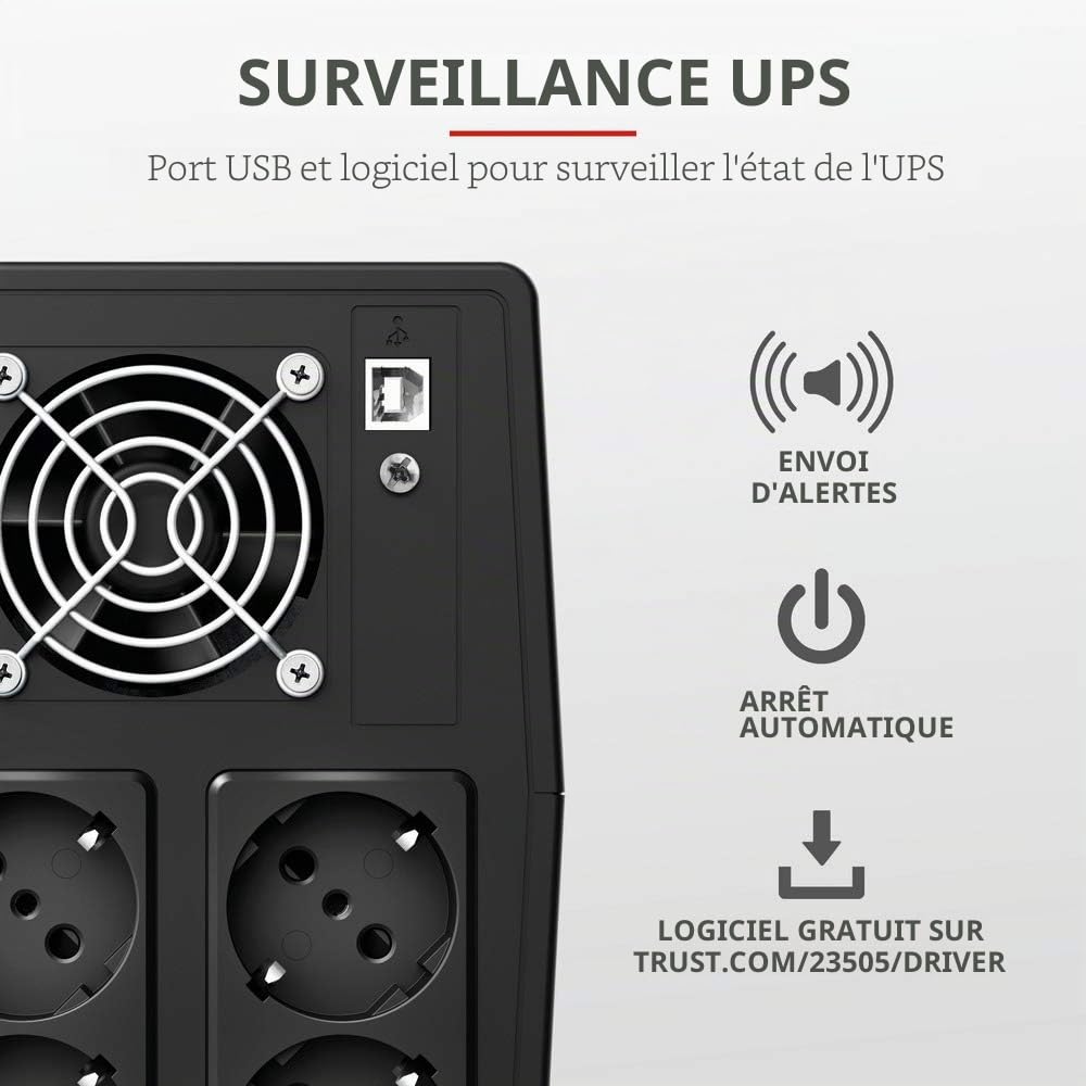 Trust Paxxon UPS Onduleur PC 1500VA, Fonction AVR 230V, Alimentation d'énergie Non Interruptible pour Ordinateur, 4 Prises Schuko, Batterie avec Protection Intégrée Contre Les Surcharges - Noir