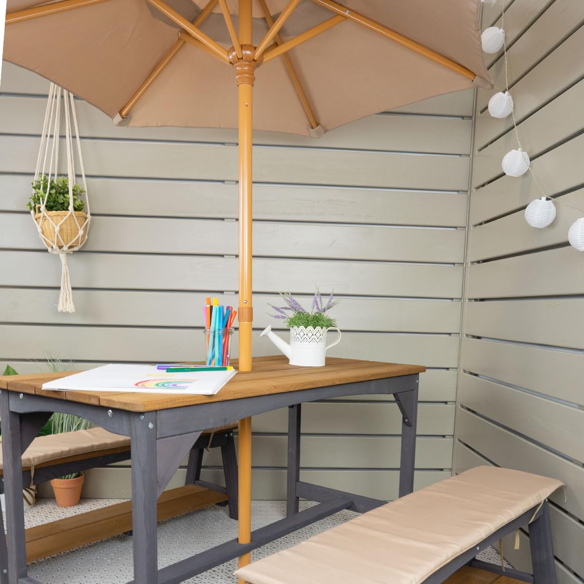 Meppi Salon de jardin Amrum avec parasol marron/anthranzite en bois - Salon pour enfants