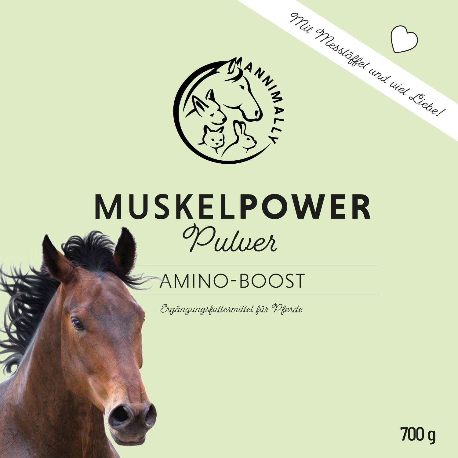Annimally Muskelaufbau Pulver für Pferde 700g mit Sojaprotein, Lysin, Carnitin, Threonin, Methionin - Amino Zusatzfutter für die Stärkung der Muskulatur beim Pferd - Alternative zu Liquid