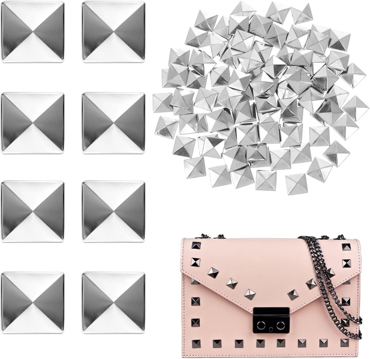 COHEALI 200Pcs Silver Pyramid Spike Flatback Rivet Studs 0.39In Metal DIY Accessories for Leathercraft Clothes Bags Shoes Belt Decoration