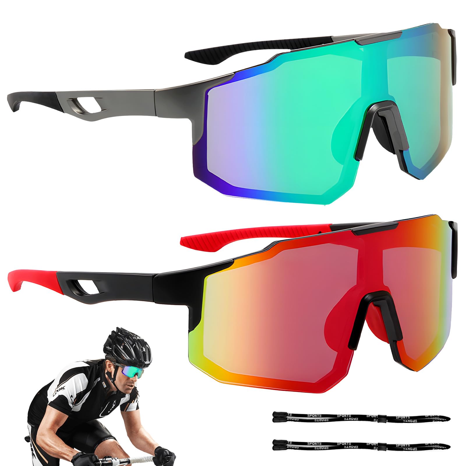 HEDMON 2 Piezas Gafas de Sol Deportivas, Gafas de Ciclismo para Hombre Mujer, Protección UV400 Gafas Running Hombre, Gafas Ciclismo Ideal para Andar en Bicicleta, Correr, Escalar, Camping