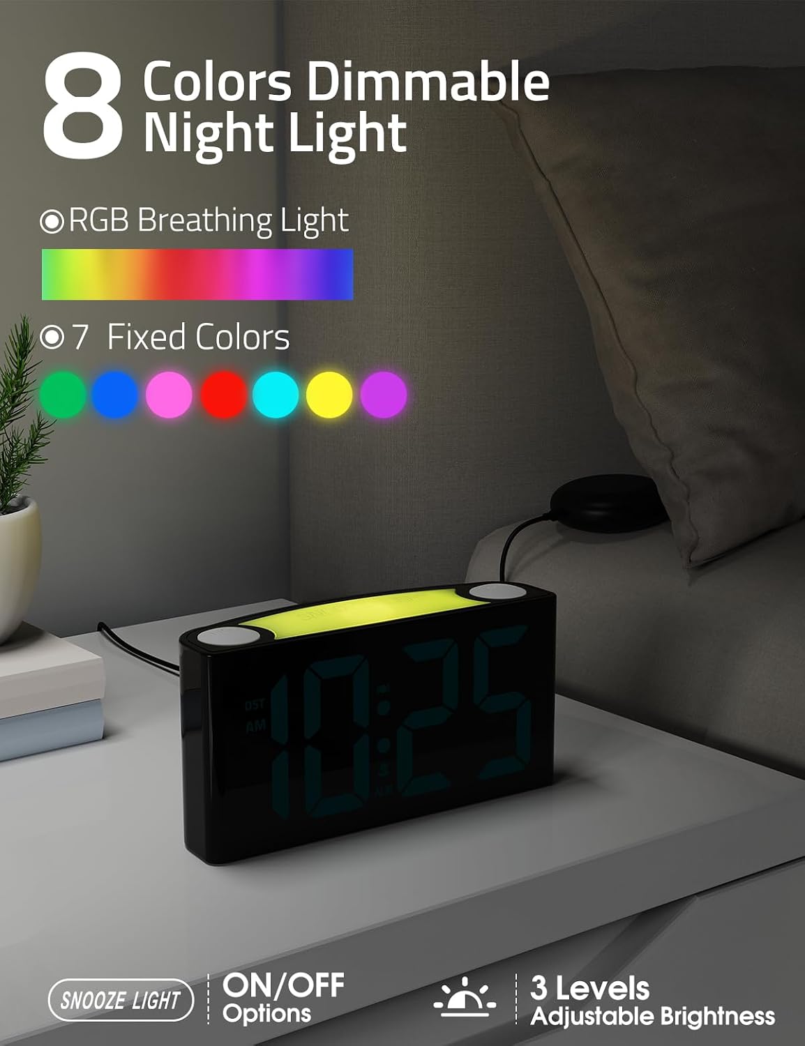 Mesqool Vibrating Alarm Clock for Heavy Sleepers – Bed Shaker, 3 Wake Modes, 8-Color Light, RGB Display & Dual USB – Great for Seniors & Deaf