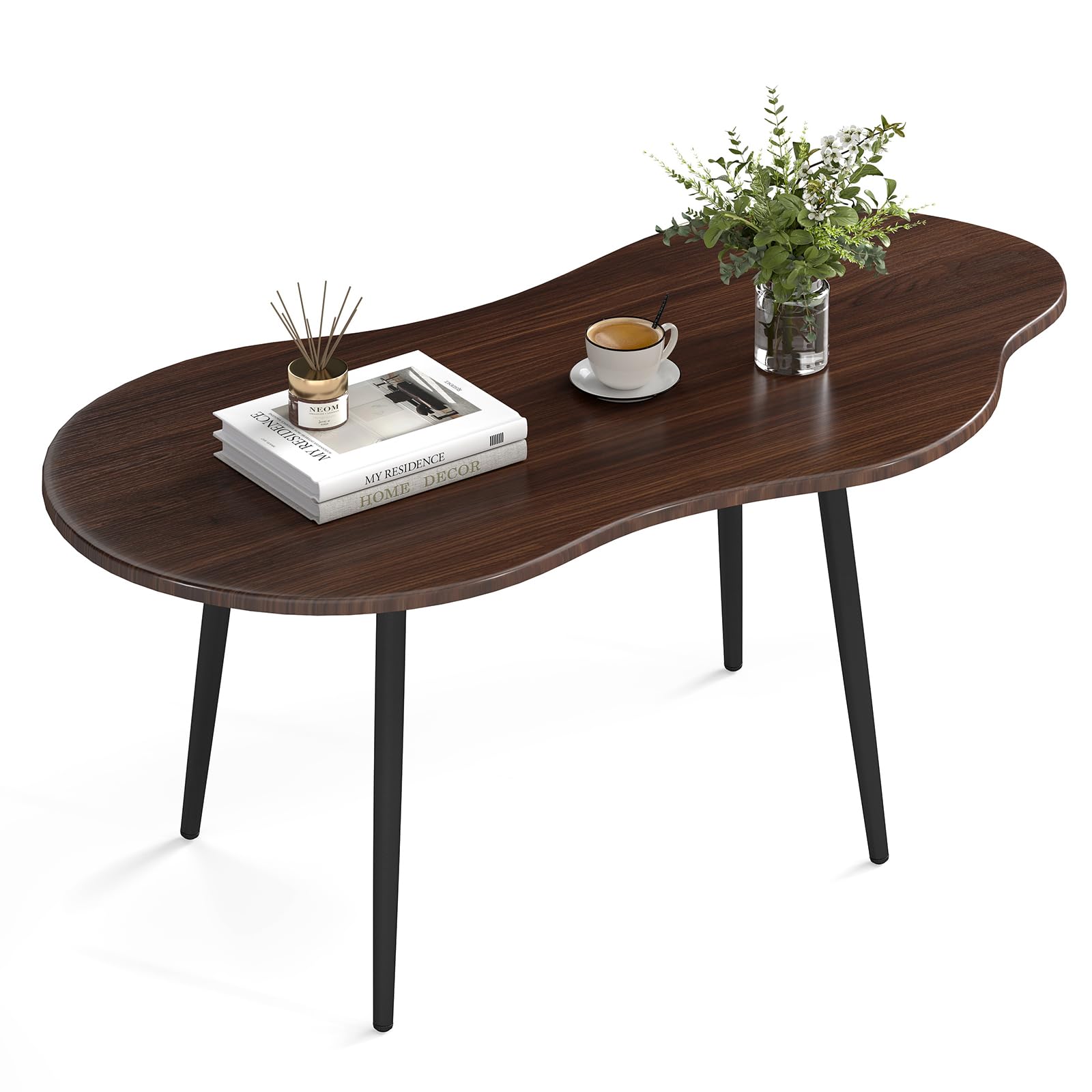COSTWAY Mesa de Centro con Forma de Nube, Mesita Central Irregular Moderna con Estructura Metálica, Mesita Auxiliar de Madera Decorativa para Saon Oficina Espacios Pequeños, 100 x 50 x 44 cm (Nogal)