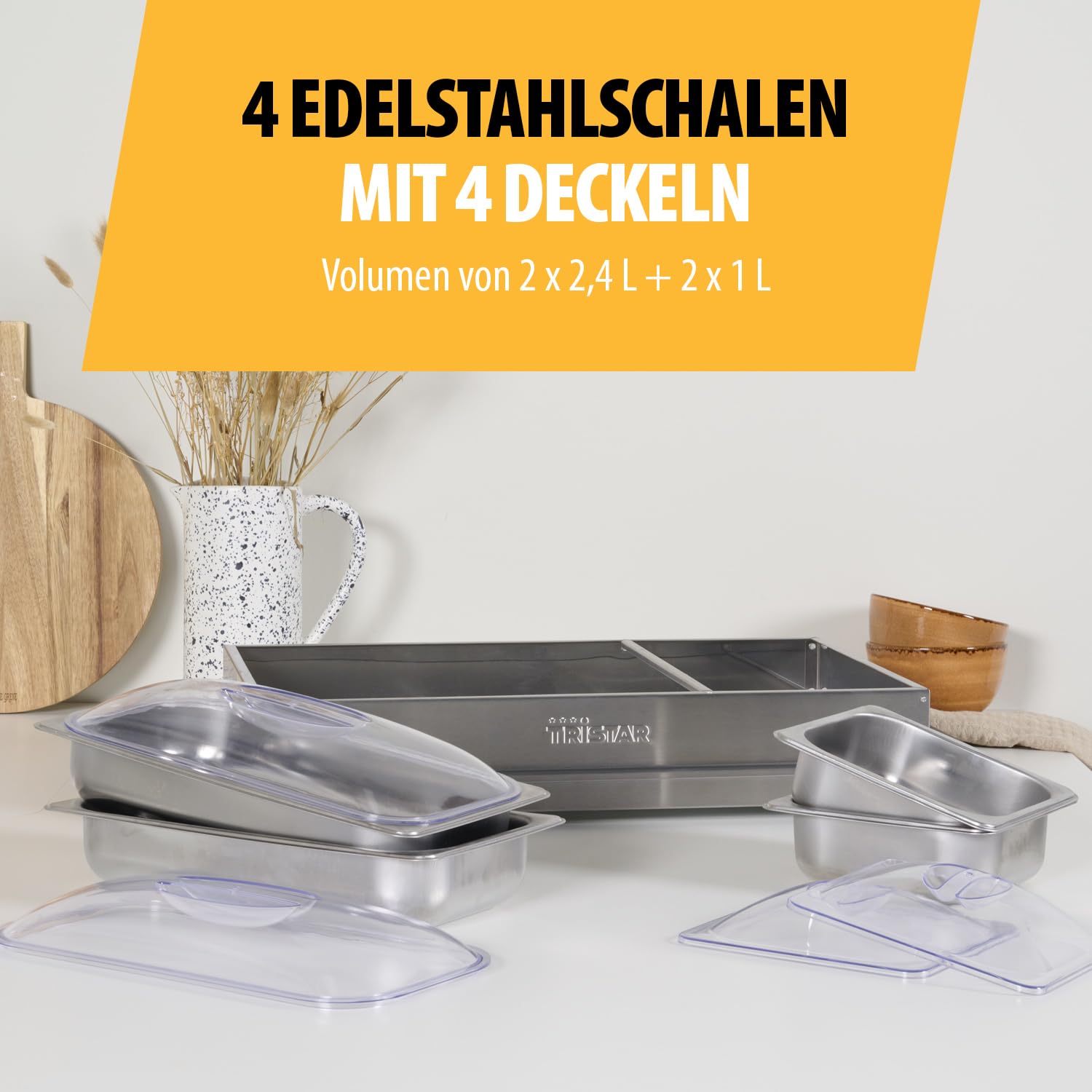 Tristar Edelstahl Buffetwärmer für Partys & Buffets, 300 W, Einstellbares Thermostat, 4 Warmhaltebehälter mit Deckel, Heizplattenfunktion, Warmhaltefunktion, Silber, BP-6285 |