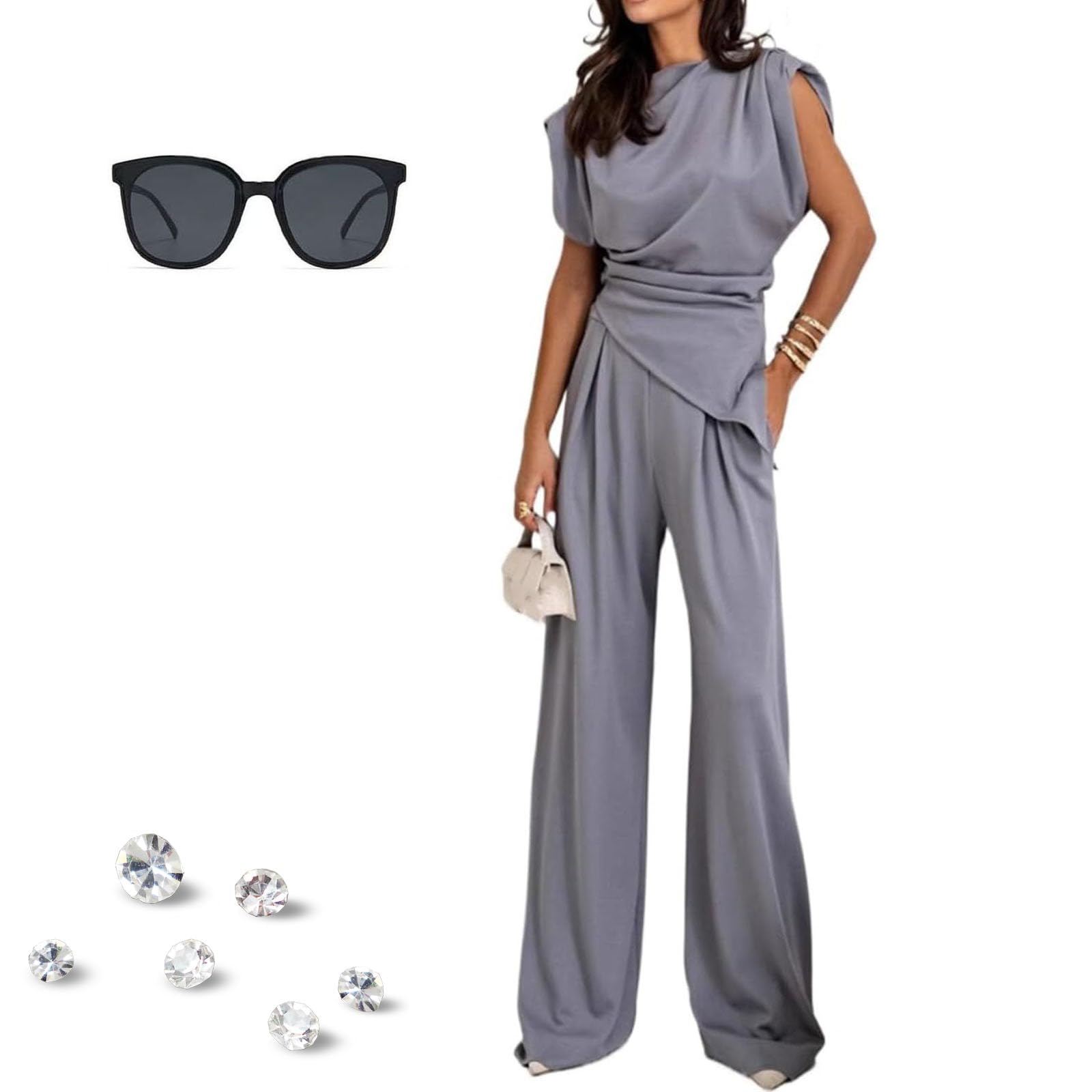 Women's Round Neck Pleated Sleeveless Casual Suit, Solid Color Satin Irregular Sleeveless Crewneck Vest Wide Leg Pantsuit