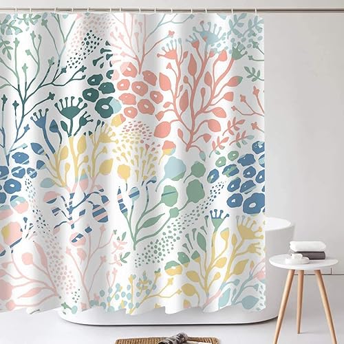 Vista 38 de Tititex Cortina de ducha de lino sintético de 4.94 oz/m², diseño floral azul con hojas doradas con flores, decoración de baño, juego de cortinas