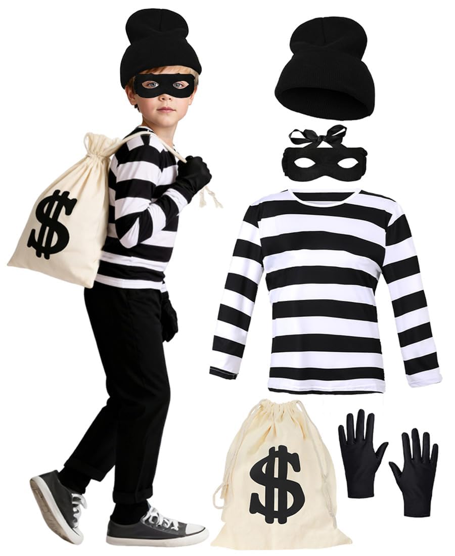 Robber Costume for Children, Bank Robber Outfit with Striped Top, Beanie Gloves, Eye Mask, Bag Bag, Children's Costume for Girls and Boys, Perfect for Halloween, Cosplay, Party and Carnival