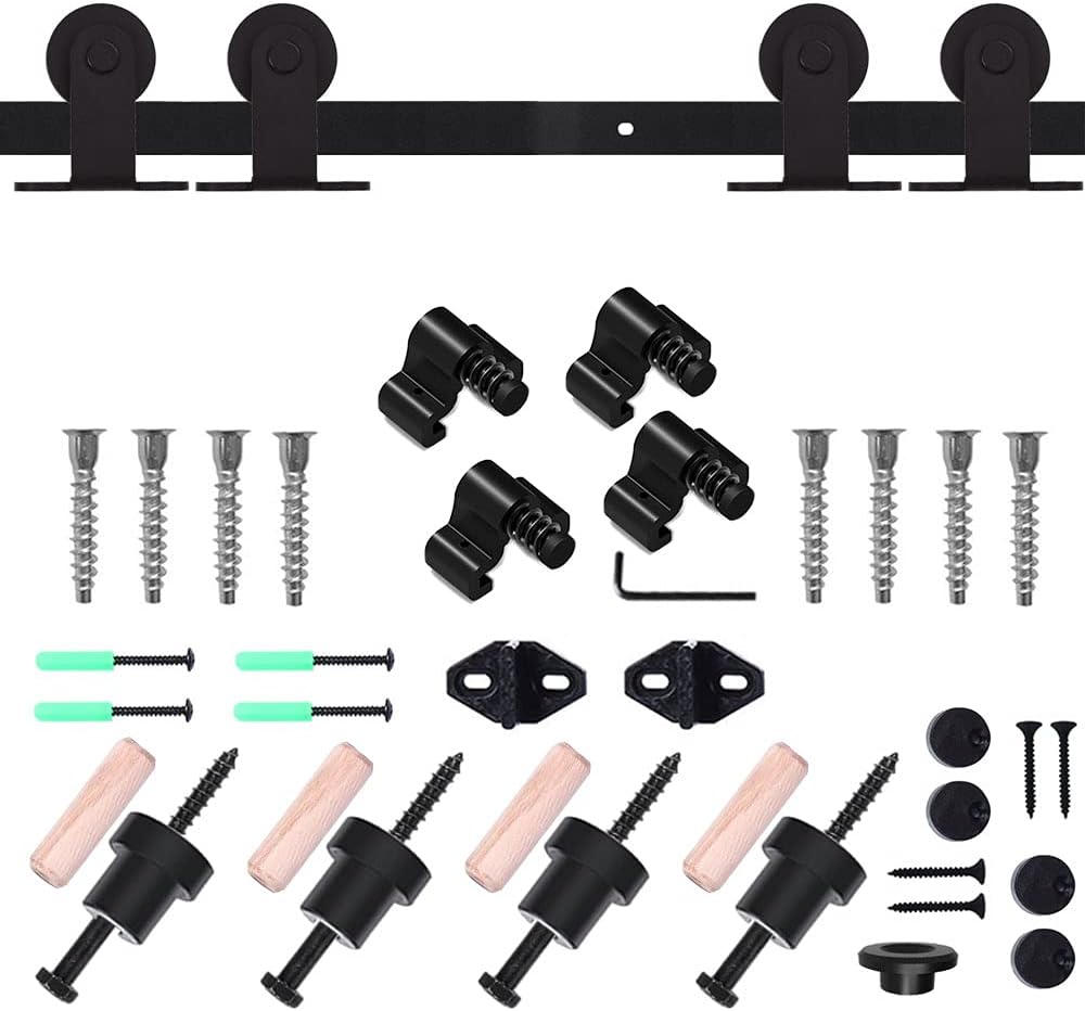 TSMST 5FT Sliding Barn Door Hardware Kit for Double Wood Door, Heavy Duty Sturdy Barn Door Track - Smoothly and Quietly - T Style Hanger
