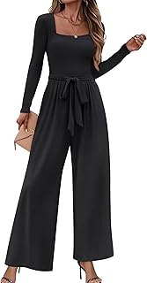 Jumpsuits For Women Dressy Long Sleeve Square Neck Casual Belted Wide Le...
