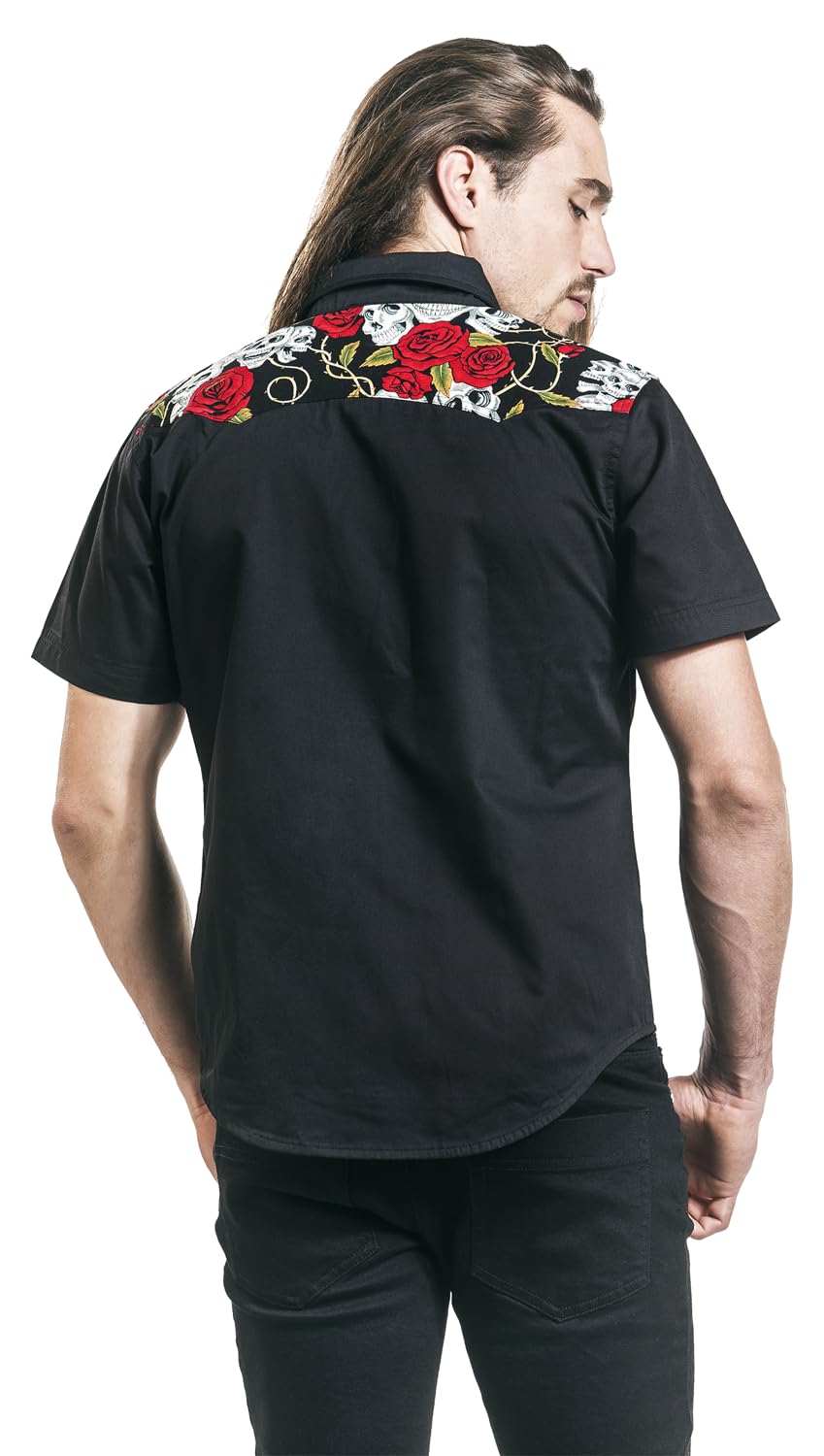 Banned Alternative Skull Rose Hombre Camisa Manga Corta Negro 60% poliéster, 40% algodón Regular