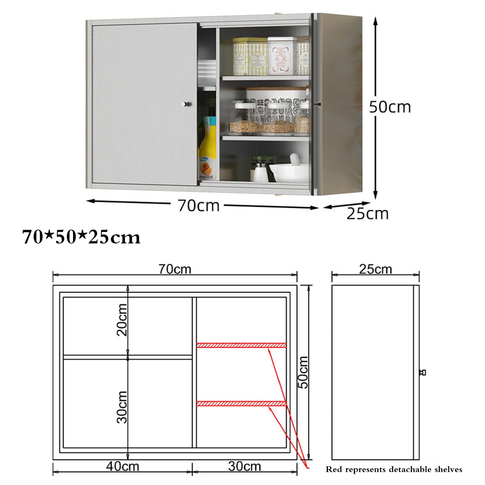 Armario De Almacenamiento De Acero Inoxidable para Montaje En Pared, Alacena De Cocina con Estantes, Armario Auxiliar para Baño, Lavadero U Organizador para Balcón(70 * 50 * 25cm)