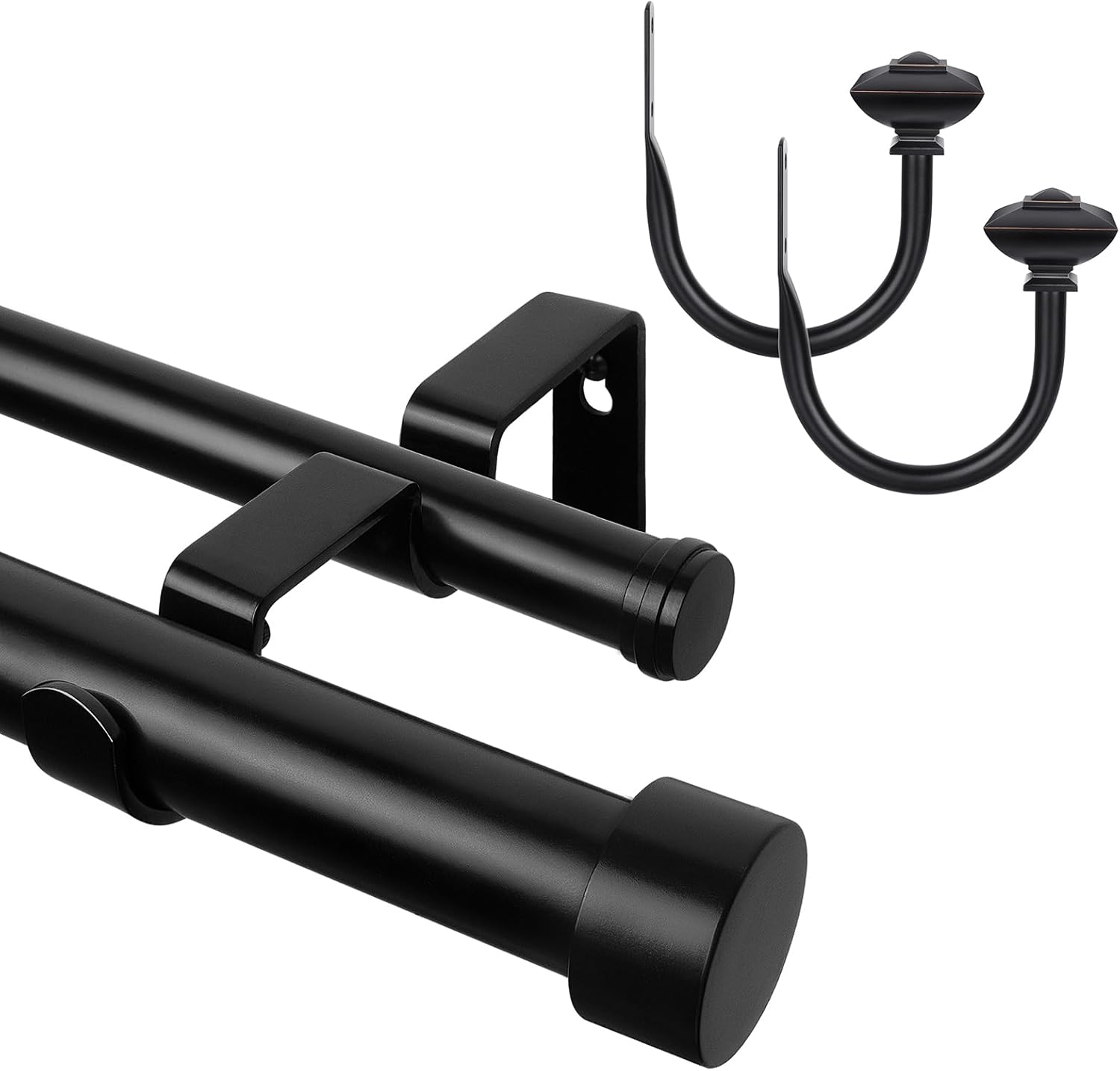 KAMANINA Bundle of 36-72" Black Double Curtain Rod with End Caps and Black Holdbacks with Square Finial 1 Pair
